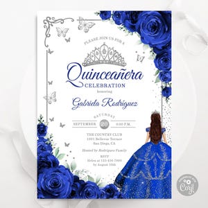 Invito Quinceañera Royal Blue Silver, MODELLO EDITABILE digitale, Farfalle di rose acquerello, Invito per il 15° compleanno di Mis Quince Anos