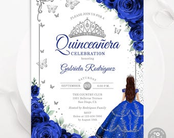 Uitnodiging koningsblauwe quinceañera: aquarelrozen, vlinders, digitale BEWERKBARE SJABLOON
