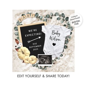 Digital Pregnancy Announcement. Autumn Fall Baby Reveal. Social Media Gender Neutral Pregnant Announcement Template. Instagram Facebook