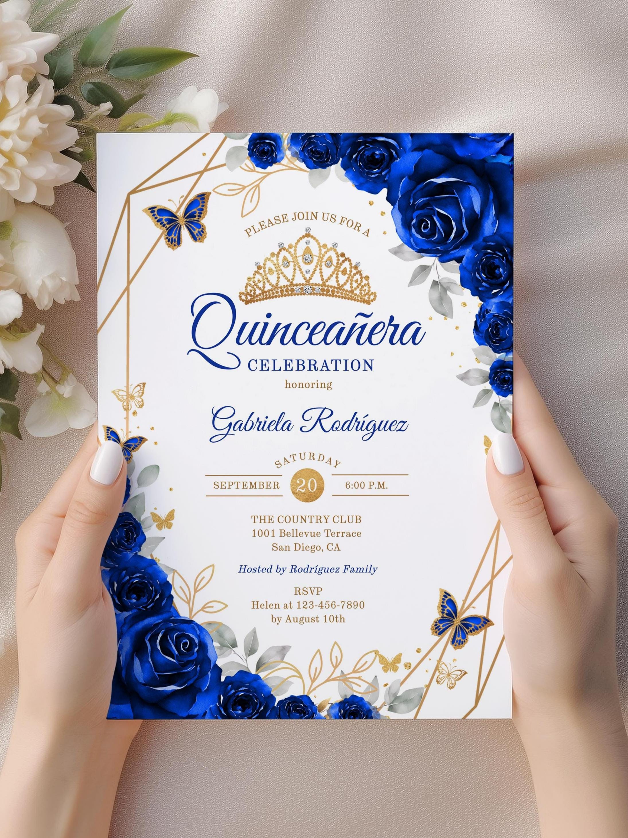 20個 5 x 7.3インチ ロイヤルブルー キラキラ レーザーカット 蝶 結婚 