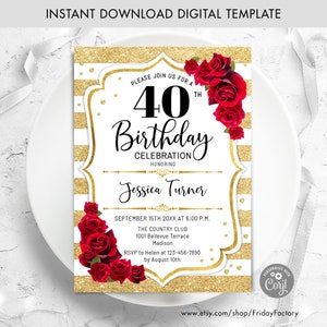 Floral Birthday Invitation: Glitter Gold, Red Roses (Digital Template)
