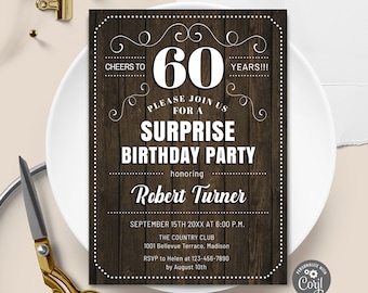 Rustic 60th Surprise Birthday Invitation Template (Digital Download)