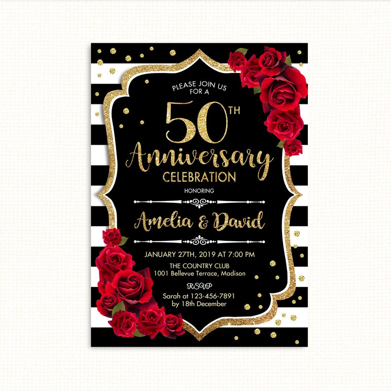 50th Wedding  Anniversary  Invitation  Gold Black  Red White  