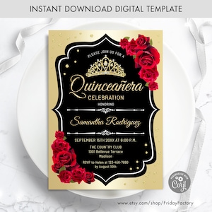 Quinceanera Invitation - INSTANT DOWNLOAD Digital Template. Glitter Gold Black Red Roses. Floral Birthday Invite