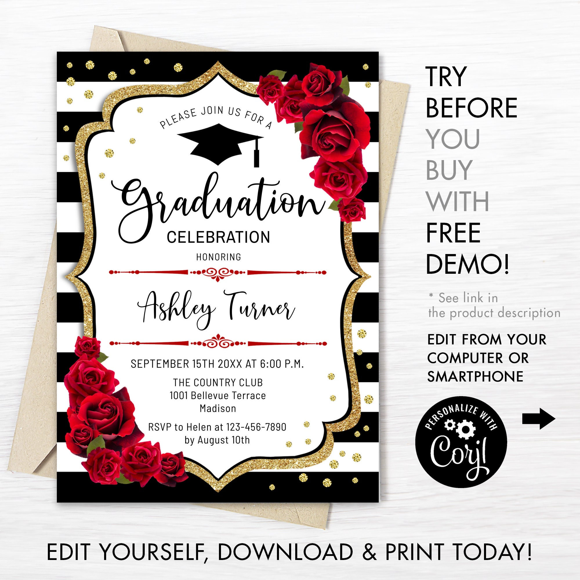 Invitación de graduación INSTANT DOWNLOAD Digital Template. Etsy México