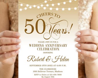 Elegant 50th Anniversary Invitation, Gold White, Cheers to 50 Years, Editable Template (Digital Download)