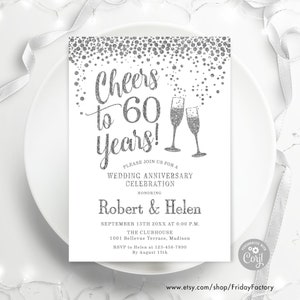 Faire-part de 60e anniversaire de mariage. Modèle numérique modifiable en téléchargement immédiat. Toutes les années de mariage. Blanc argenté. Bricolage
