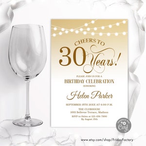 30th Birthday Invitation: String Lights, Gold & White (DIY Digital Template)