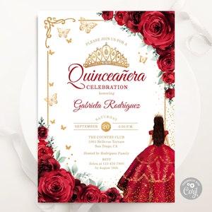 Invitación de Quinceañera de Oro Rojo, PLANTILLA EDITABLE, Mariposas de Rosas Florales de Acuarela, Mis Quince Anos, Invitación de Cumpleaños 15