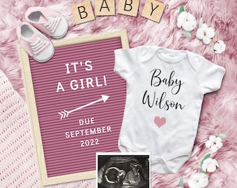 Digital Social Media Pregnancy Announcement. Girl Baby Gender Reveal. DiY Pregnant Announcement Facebook Instagram. Pink Boho