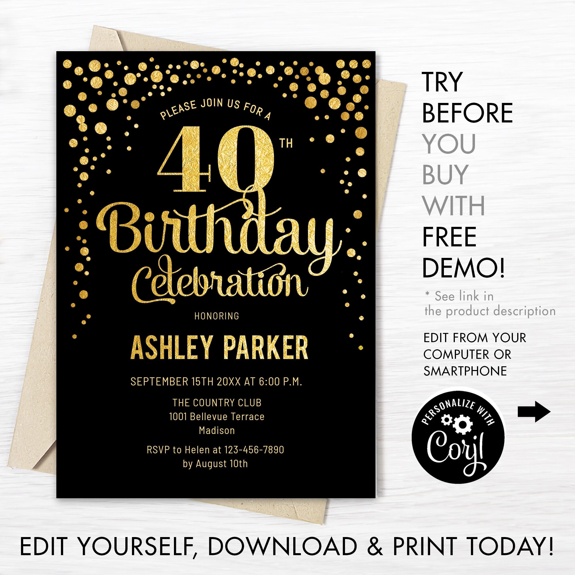 40th Birthday Invitation INSTANT DOWNLOAD Digital Template. Etsy