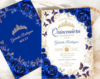 May include: Two rectangular invitation cards featuring deep blue roses, gold butterfly illustrations, and a gold crown graphic. The text includes "Gabriela Rodriguez MIS XV" and "Quinceañera Celebration" with event details like date, time, and location.