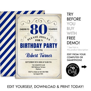 Editable 80th Surprise Birthday Invitation. INSTANT DOWNLOAD