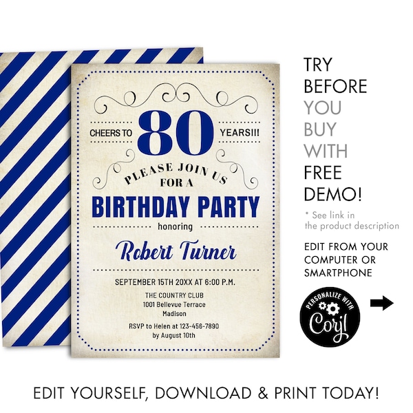 80th Birthday Party Invitation - INSTANT DOWNLOAD Digital Template. ANY Age. Navy Blue White. Cheers to 80 Years