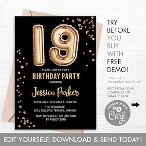 19th Birthday Party Invitation - INSTANT DOWNLOAD Digital Template. Black Gold Balloons. Adult Birthday Invite