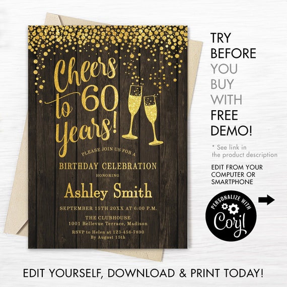 60th Birthday Invitation INSTANT DOWNLOAD Digital Template Etsy 