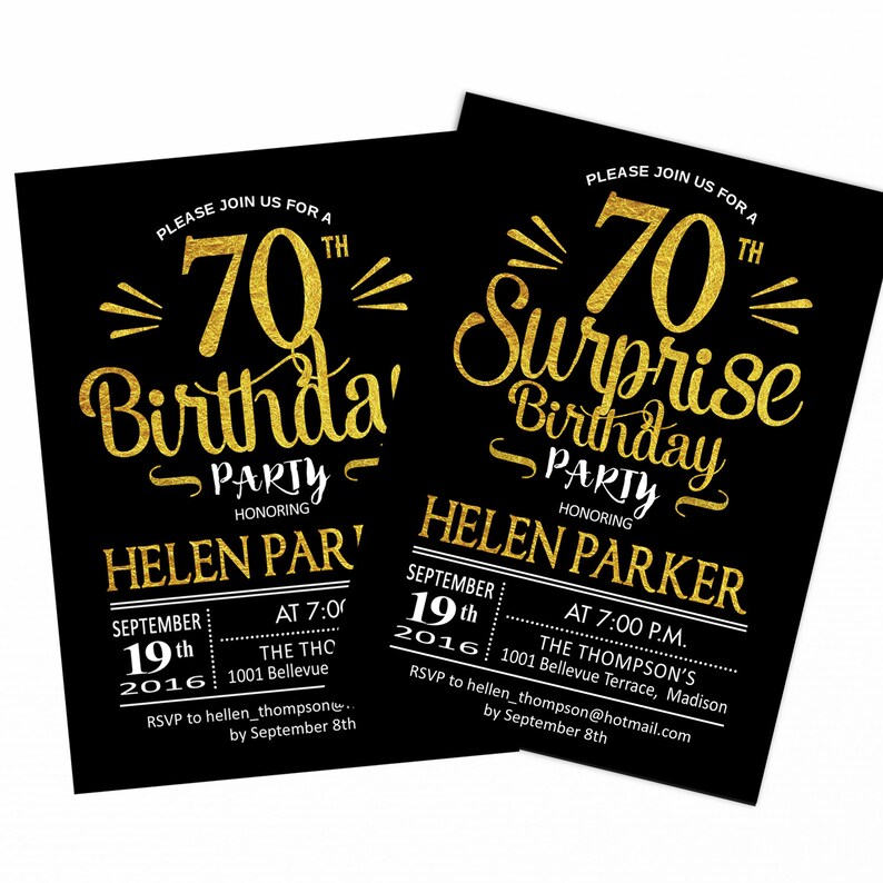 Surprise 70th Birthday Invitation / ANY AGE / Gold Black / | Etsy