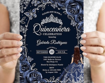 Navy Blue Quinceañera Invitation Template, Silver Princess Quince Invitation, Butterflies Roses, Digital Download