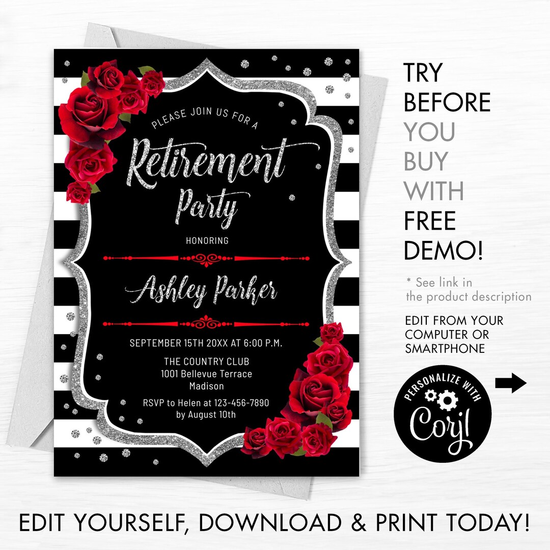 Retirement Party Invitation INSTANT DOWNLOAD Digital Template. Black
