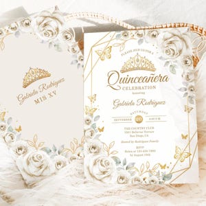 Cream White Gold Floral Quinceañera Invitation, EDITABLE TEMPLATE, Watercolor Roses Butterflies, Mis Quince Anos, 15th Birthday Invite