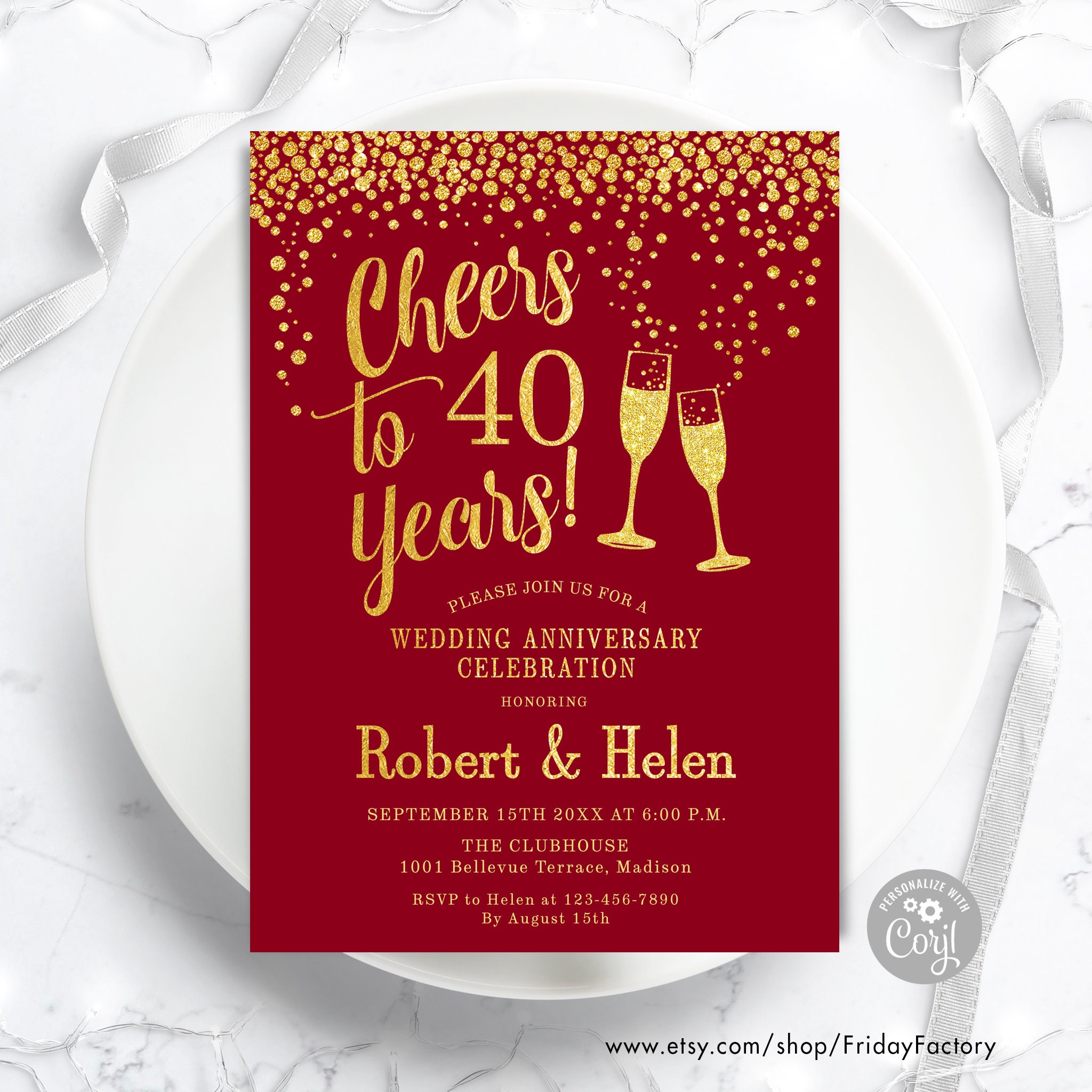 Ruby Red \u0026 Gold 40th Anniversary Invitation (digital Template) - Etsy, image size:2048x2048