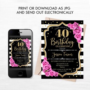 Florale Einladung zum 40. Geburtstag: Schwarz, Gold, Pink (Digital Template) Bild 4