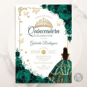 Emerald Green Gold Quinceañera Invitation, EDITABLE TEMPLATE, Watercolor Floral Roses Butterflies, Mis Quince Anos, 15th Birthday Invite