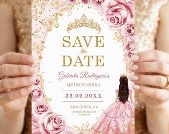May include: A pink and gold quinceañera invitation with the text "Save the Date" and "Gabriela Rodríguez's Quinceañera". The design includes roses, butterflies, and a princess illustration. The date is 23.09.20XX, and the location is San Diego, CA.