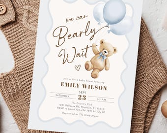 Teddy Bear We Can Bearly Wait Baby Boy Shower Invitation. Digital Download Printable Invite