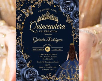 Marinegouden uitnodiging quinceañera, bloemenrozen, vlinders, prinsessenjurk, afdrukbare digitale sjabloon