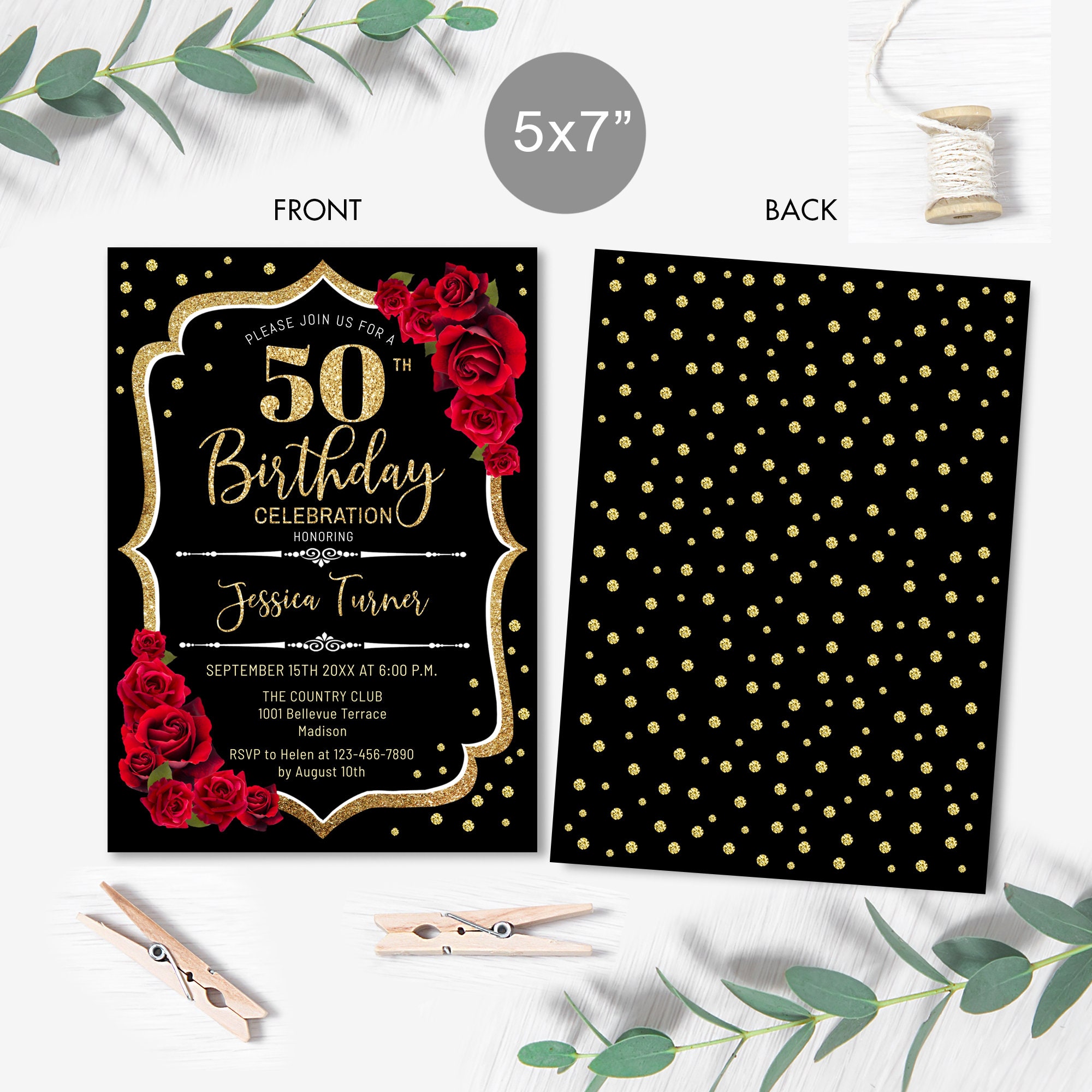 Invitación floral de cumpleaños: rosas negras, doradas y rojas (plantilla  digital) - Etsy México, image size:2000x2000