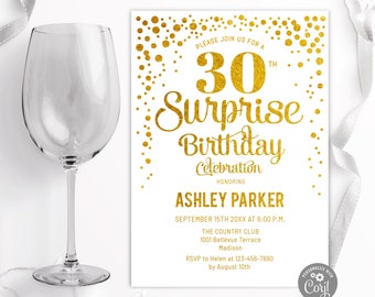 30th Surprise Birthday Invitation - INSTANT DOWNLOAD Digital Template. ANY Age. Glitter Gold Foil White. Adult Birthday Invite