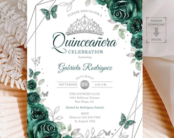 May include: A digital invitation for a Quinceañera celebration. The design features emerald green roses, butterflies, and geometric silver accents. The text includes the name Gabriela Rodriguez, date, time, and RSVP information.