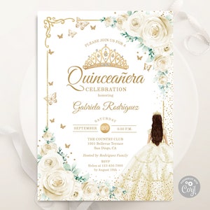 Cream Champagne Gold Quinceañera Invitation, EDITABLE TEMPLATE, Watercolor Floral Roses Butterflies, Mis Quince Anos, 15th Birthday Invite