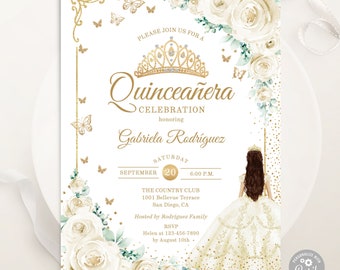 May include: A white and gold quinceañera invitation featuring a floral design, a crown, and butterflies. The invitation includes the text "Quinceañera Celebration" and "Gabriela Rodríguez".