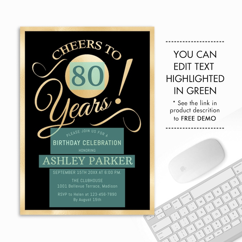 80th Birthday Party Invitation. INSTANT DOWNLOAD DIY Digital | Etsy