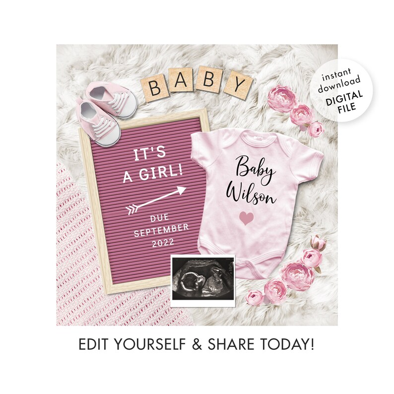 Digital Pregnancy Announcement. Girl Baby Gender Reveal. Etsy