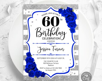 May include: A silver and white striped background with a blue and silver glitter overlay. A blue and silver frame with a black number 60 and the text "60th Birthday Celebration" in black script. The text "Honoring Jessica Turner" is in black text. The text "September 15th 20XX at 6:00 PM. The Country Club 1001 Bellevue Terrace Madison RSVP to Helen at 123-456-7890 by August 10th" is in black text. The text "Personalize with Coryl" is in black text with a silver glitter overlay. The text "www.etsy.com/shop/FridayFactory" is in black text.