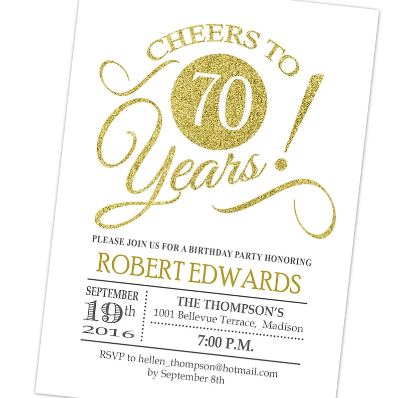 70th Birthday Invitation Any Age Cheers To Glitter Gold And Etsy 