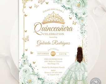 Salbeigrüne Quinceamaßa Einladung: Aquarell Rosen (EDITIERBARE VORLAGE)