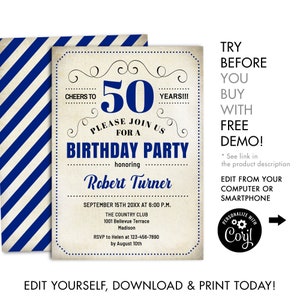 50e verjaardagsfeest uitnodiging - INSTANT DOWNLOAD digitale sjabloon. Elke leeftijd. Navy Zwart Wit. Proost op 50 jaar