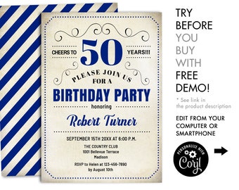 50th Birthday Invitation: Navy, Black & White (Digital Template)