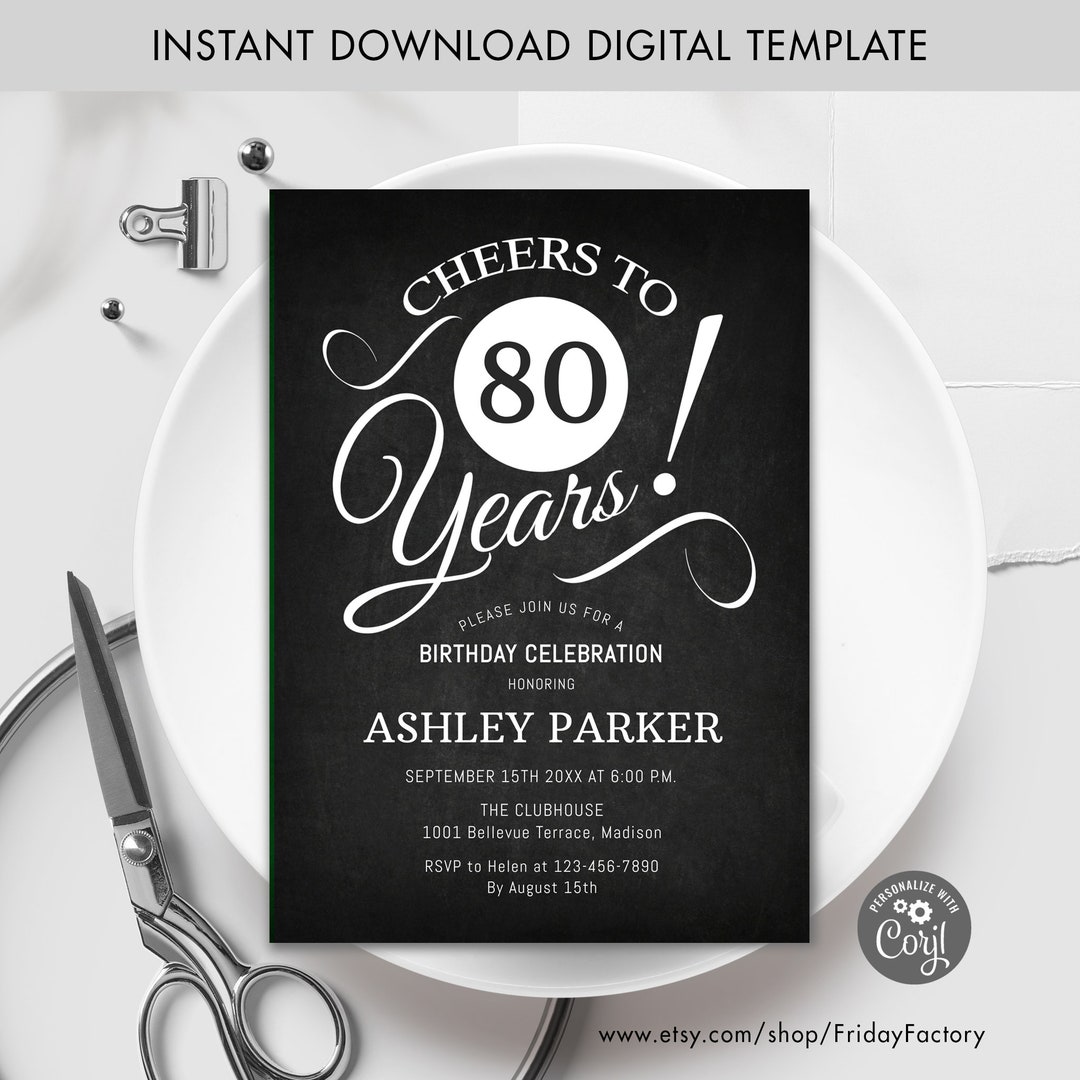 80th Birthday Party Invitation. INSTANT DOWNLOAD Editable DIY Digital ...