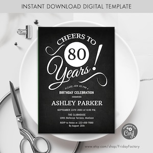 80th Birthday Party Invitation. INSTANT DOWNLOAD Editable DIY Digital Template. Any Age. Chalkboard Black White. Cheers to 80 Years