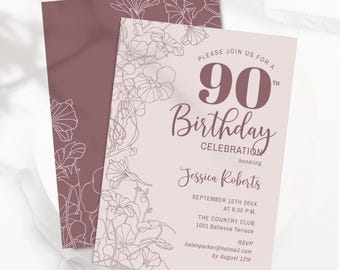 May include: A light pink 90th birthday invitation with floral accents. The invitation includes the text "Please join us for a 90th Birthday Celebration honoring Jessica Roberts."