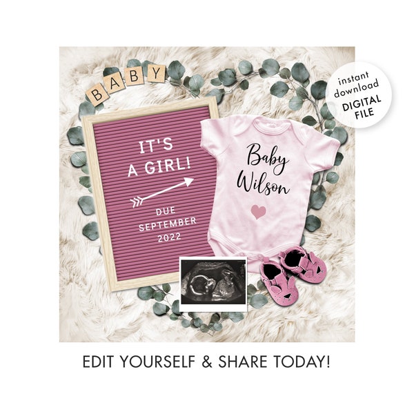 Digital Pregnancy Announcement. Social Media Girl Baby Gender Reveal. Pregnant Announcement Template. Eucalyptus Wreath. Pink Boho