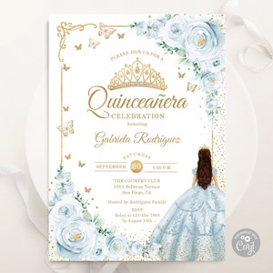 Invitación de quinceañera de oro azul bebé, PLANTILLA EDITABLE, Mariposas de rosas florales de acuarela, Mis Quince Anos, Invitación de cumpleaños número 15