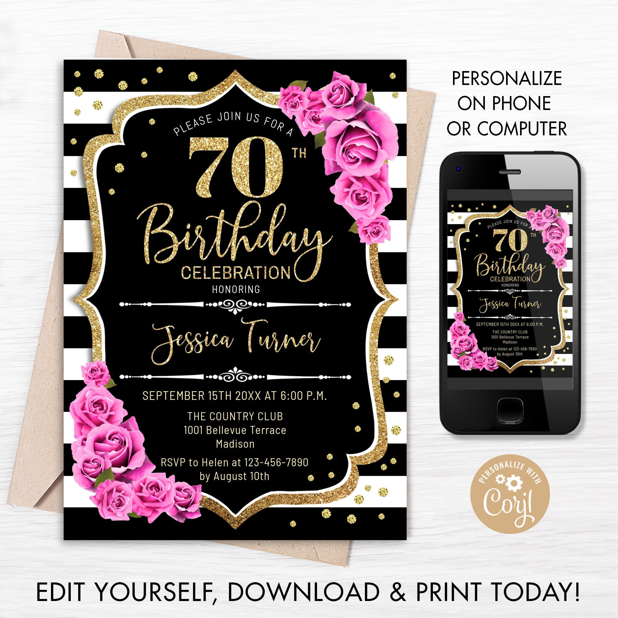 70th Birthday Invitation INSTANT DOWNLOAD Digital Template. Etsy UK