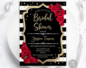 Glitter Gold Bridal Shower Invitation: Red Roses, Black Stripes (Digital Template)