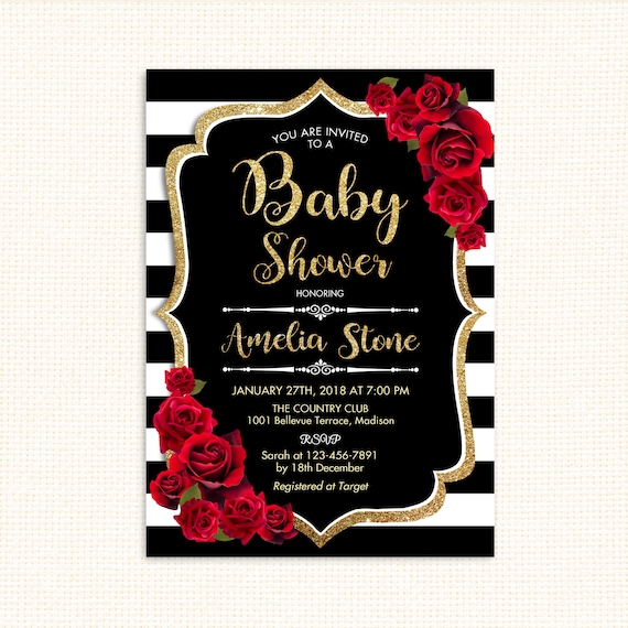 Black Gold Baby Shower Invitation. Red Roses Glitter Gold Etsy